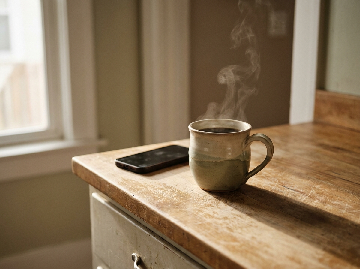 A ceramic coffee mug on a wooden kitchen counter beside a phone face-down, soft morning light.