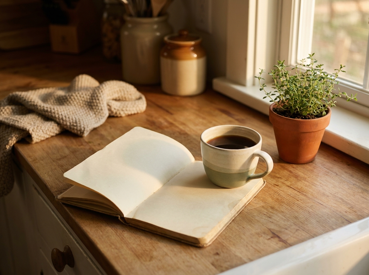A warm kitchen counter at golden hour with a mug, an open notebook, and a small plant.