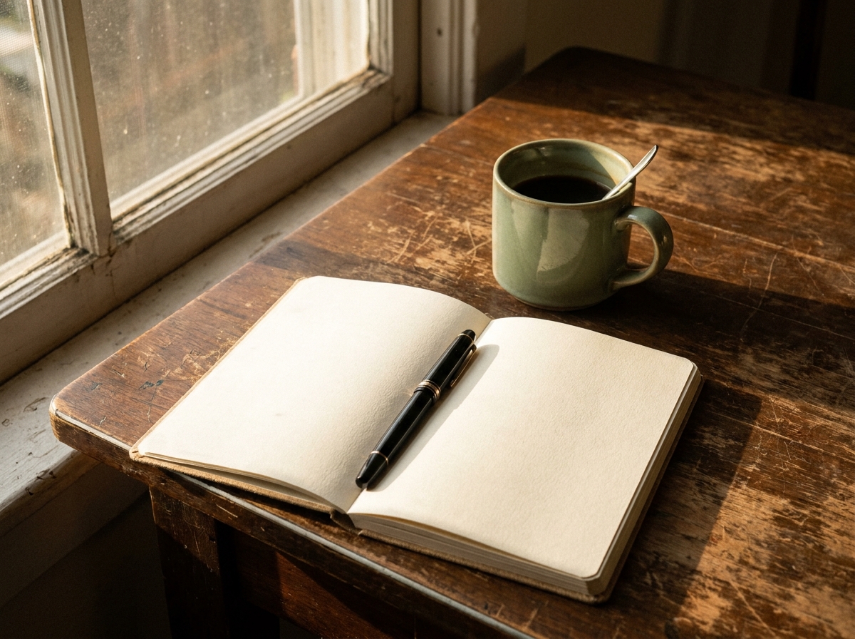 An open notebook with a fountain pen, a half-full mug, warm afternoon light through a window.