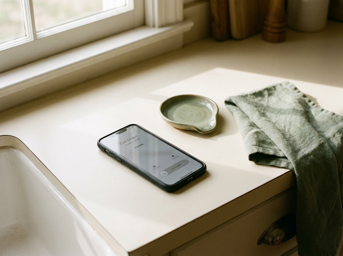 A smartphone face-up on a kitchen counter showing a recently ended call, peaceful kitchen around it.