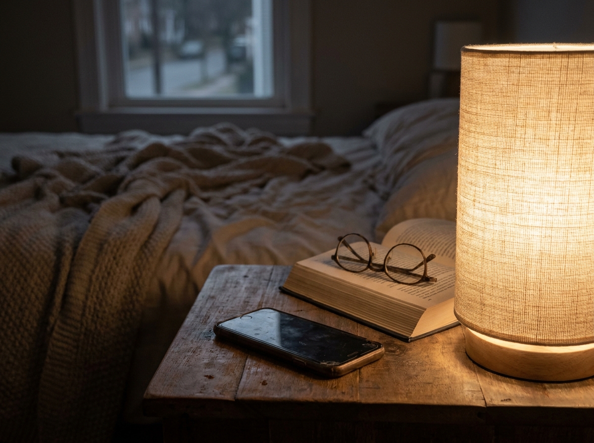 A smartphone resting on a wooden nightstand under soft lamplight.