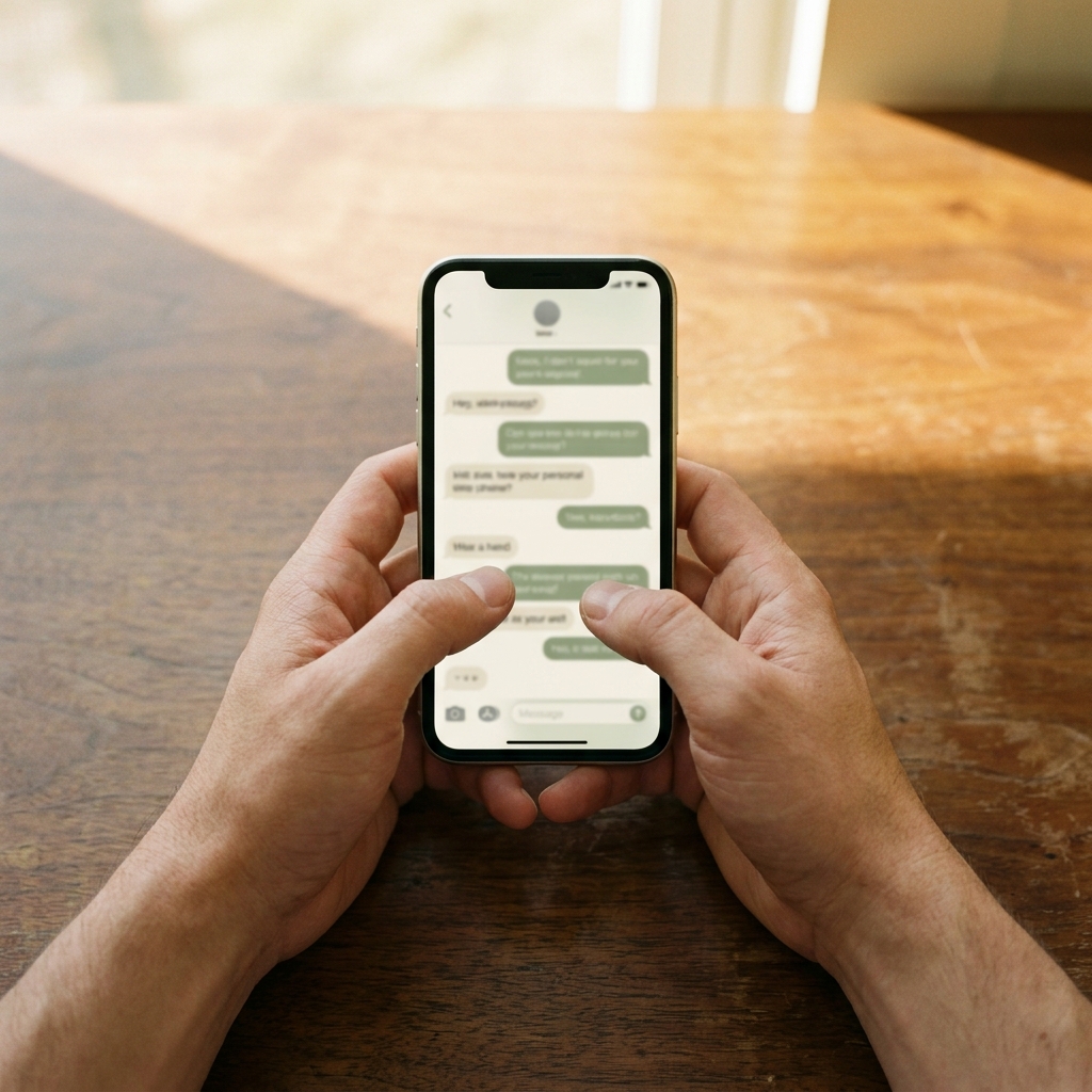 Hands holding a phone, thumbs above the messaging screen, warm wooden table.