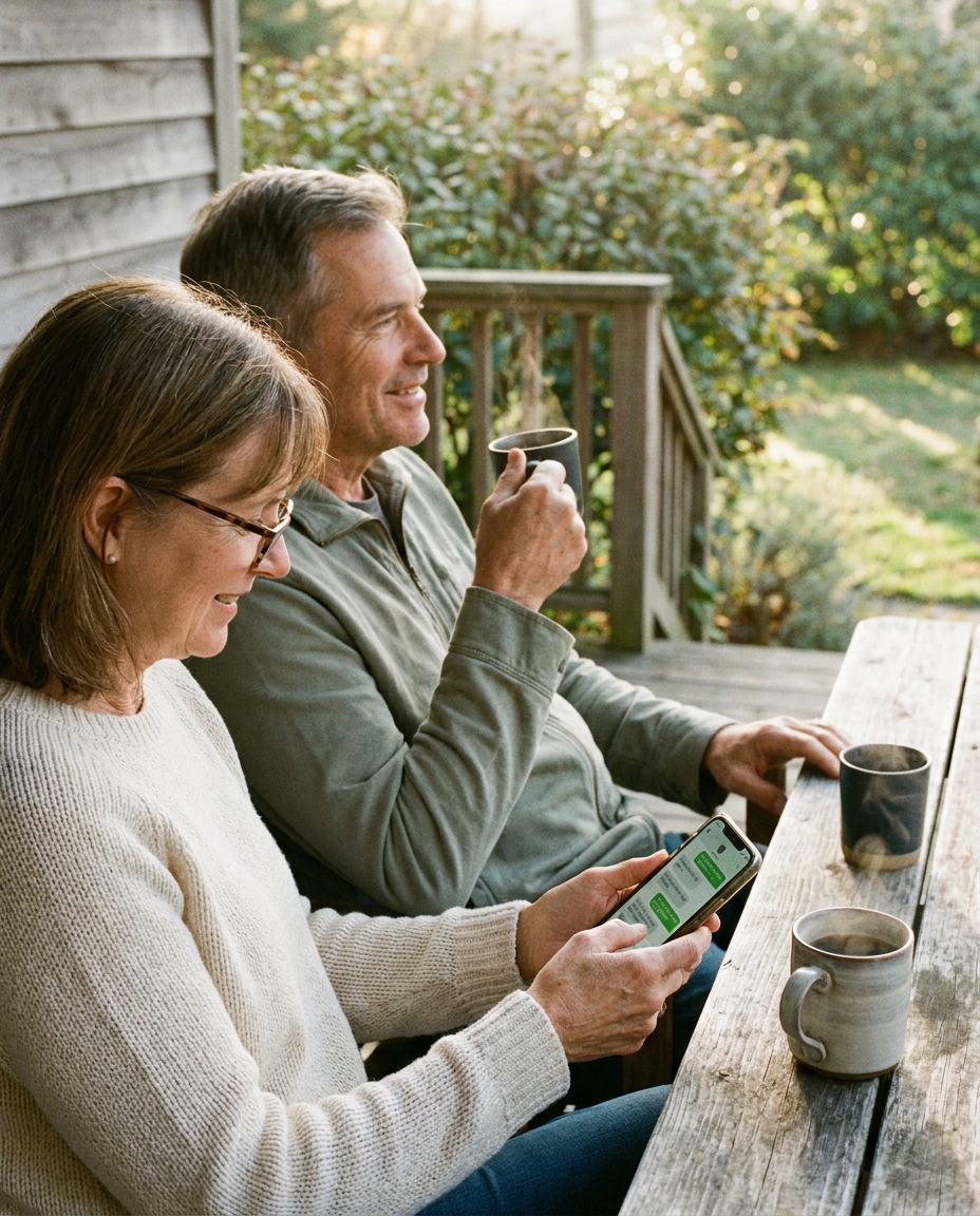 A couple in their late 50s sitting on a wooden porch with coffee, one reading a text message on her phone with a soft smile.