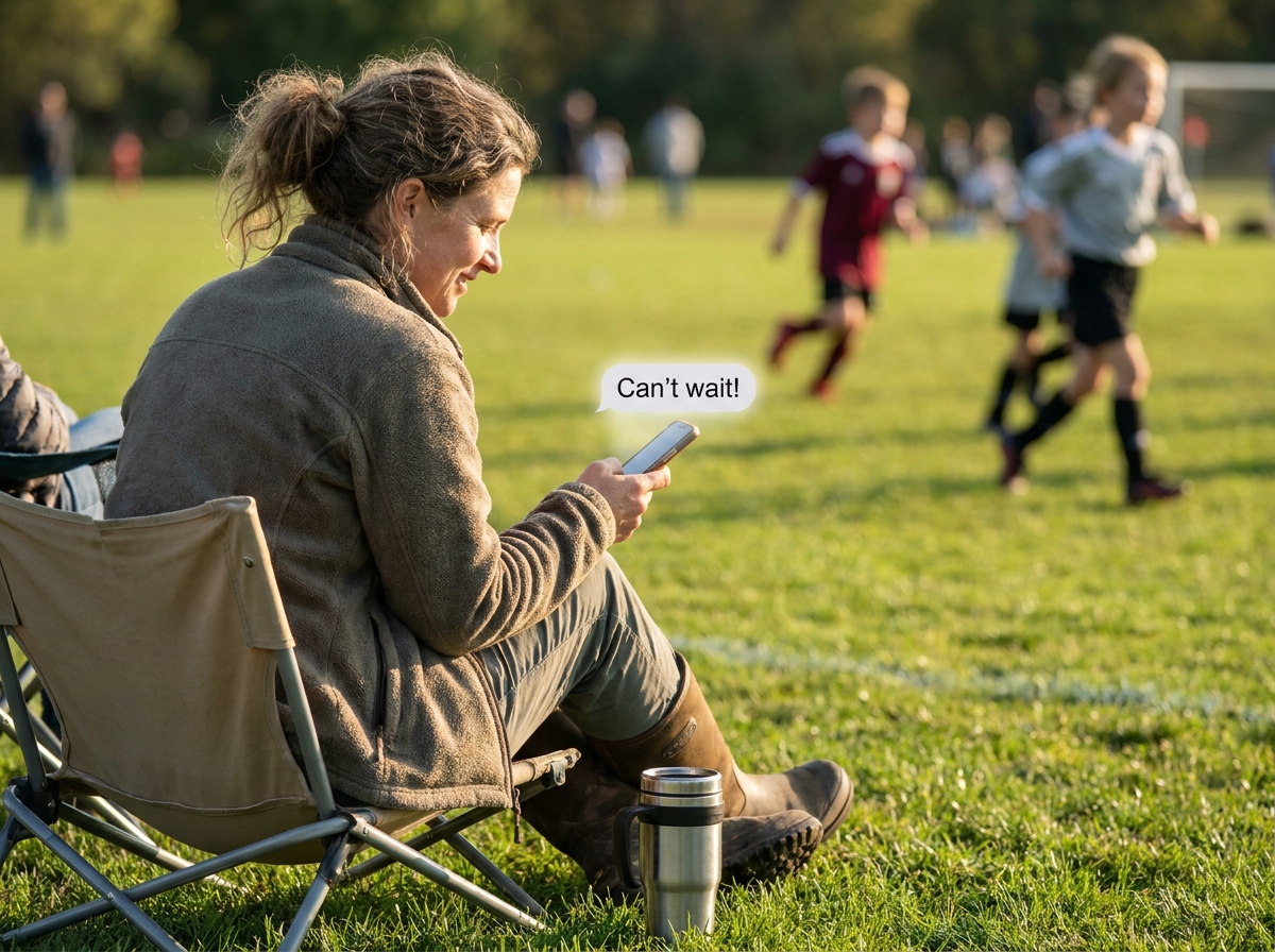 A mom in her 40s on the sideline of a youth soccer game, smiling at a text message on her phone.