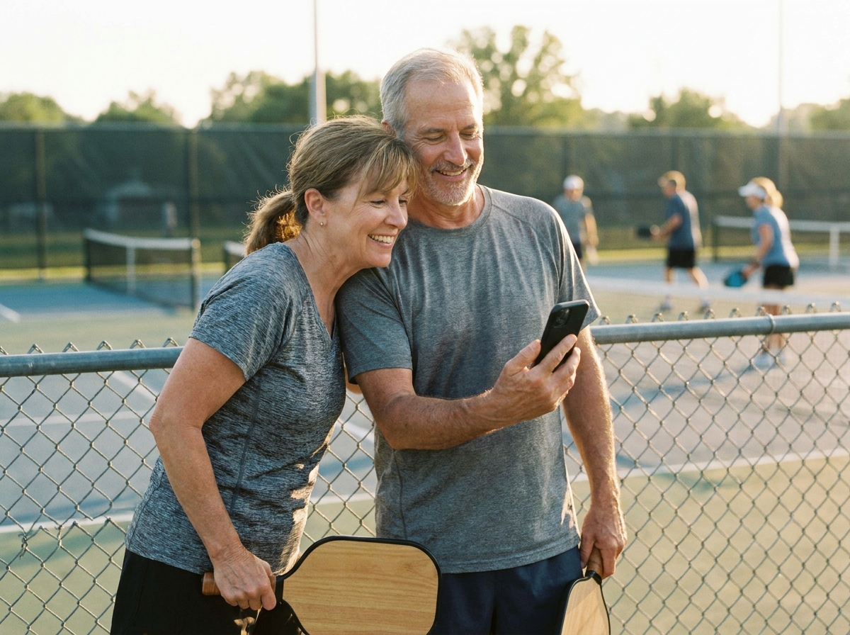 A couple in their 60s near a pickleball court, paddles in hand, one showing the messaging screen to the other.