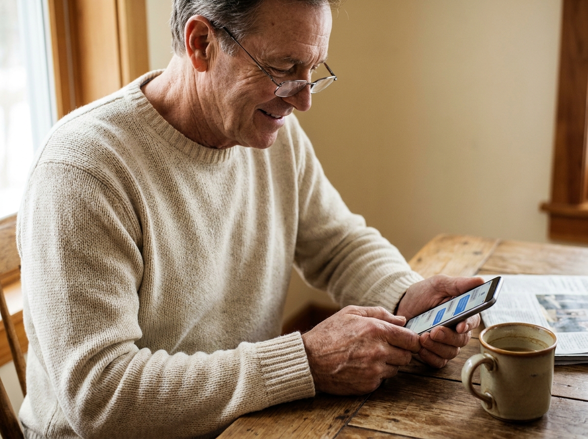 A man in his late 60s in a sunlit kitchen, reading a text message on his phone with a quiet smile.