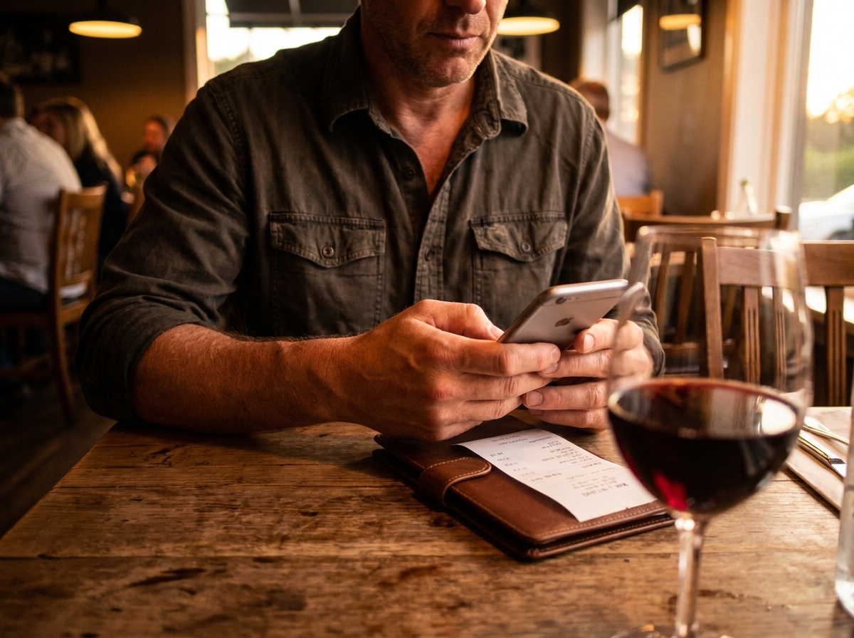 A man in his early 50s at a restaurant table, taking a phone photo of a dinner check, glass of wine in the foreground.